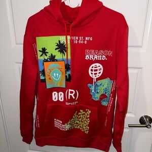 Reason Red Graphic Sweater with Artistic Patches
